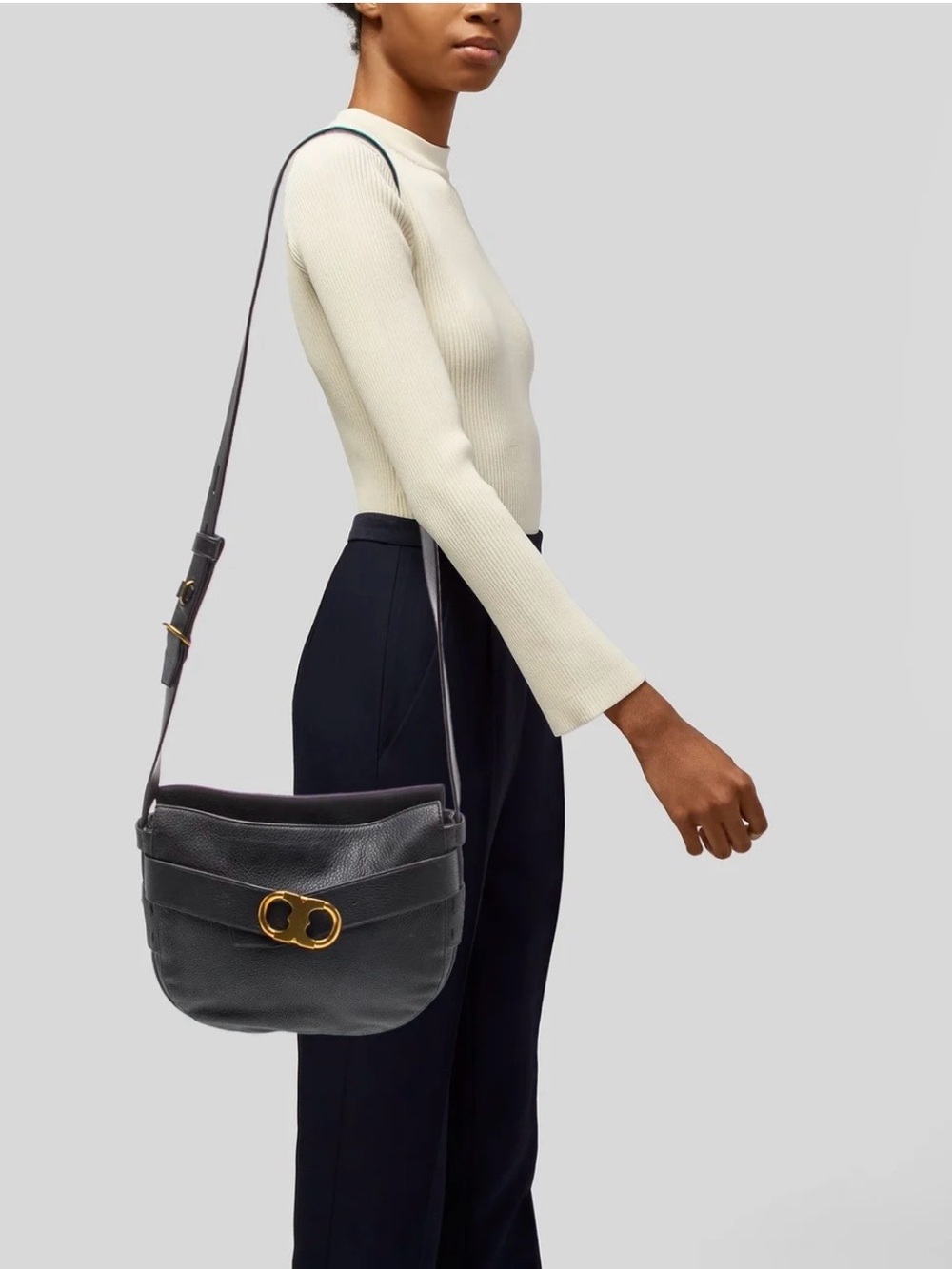 TORY BURCH Gemini Belted Black Leather Hobo Crossbody Bag, Dust bag included - Picture 2 of 7